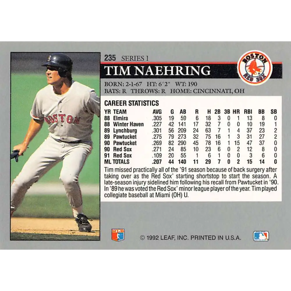 1992 Leaf #235 Tim Naehring NM-MT Boston Red Sox Baseball Card Image 2