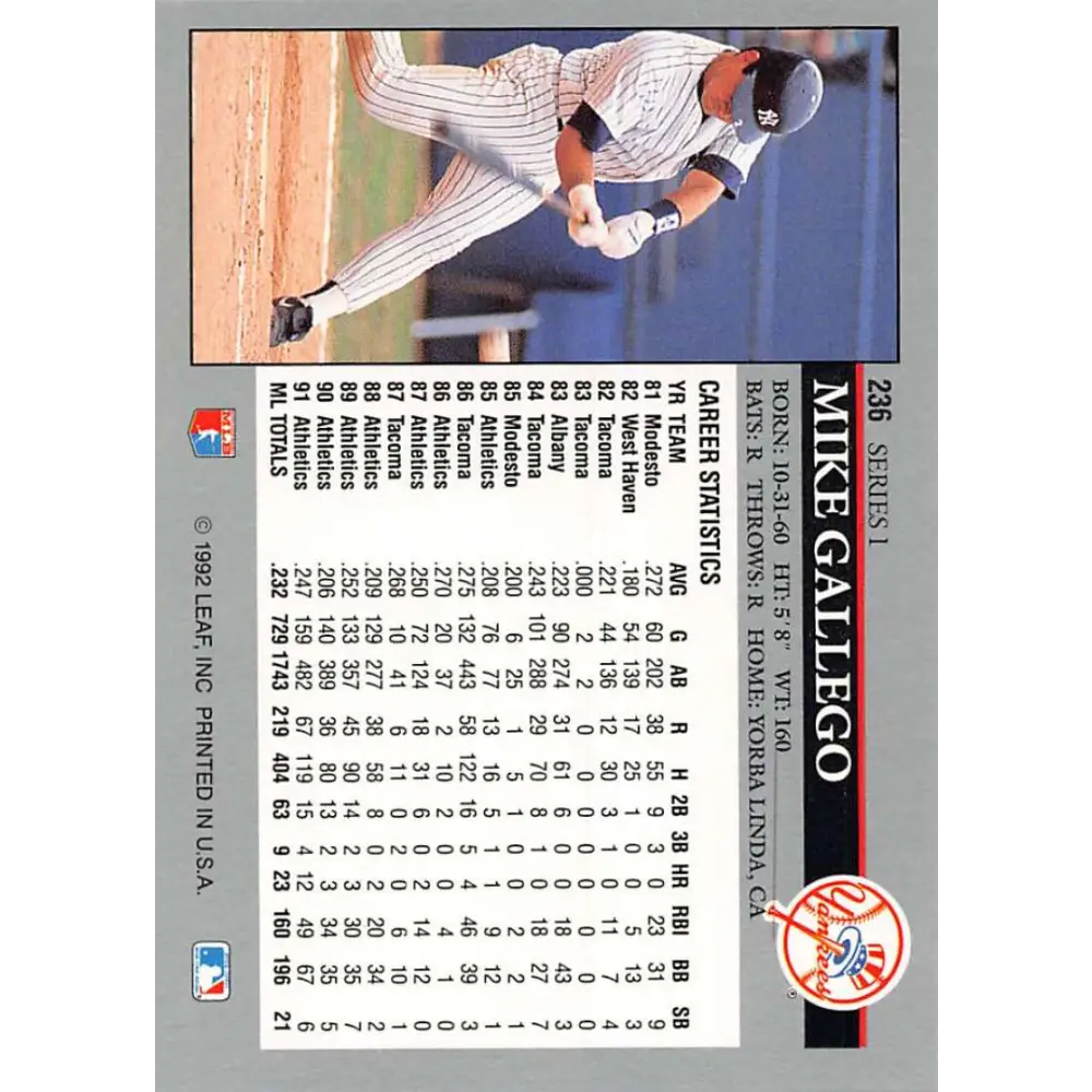 1992 Leaf #236 Mike Gallego NM-MT New York Yankees Baseball Card Image 2