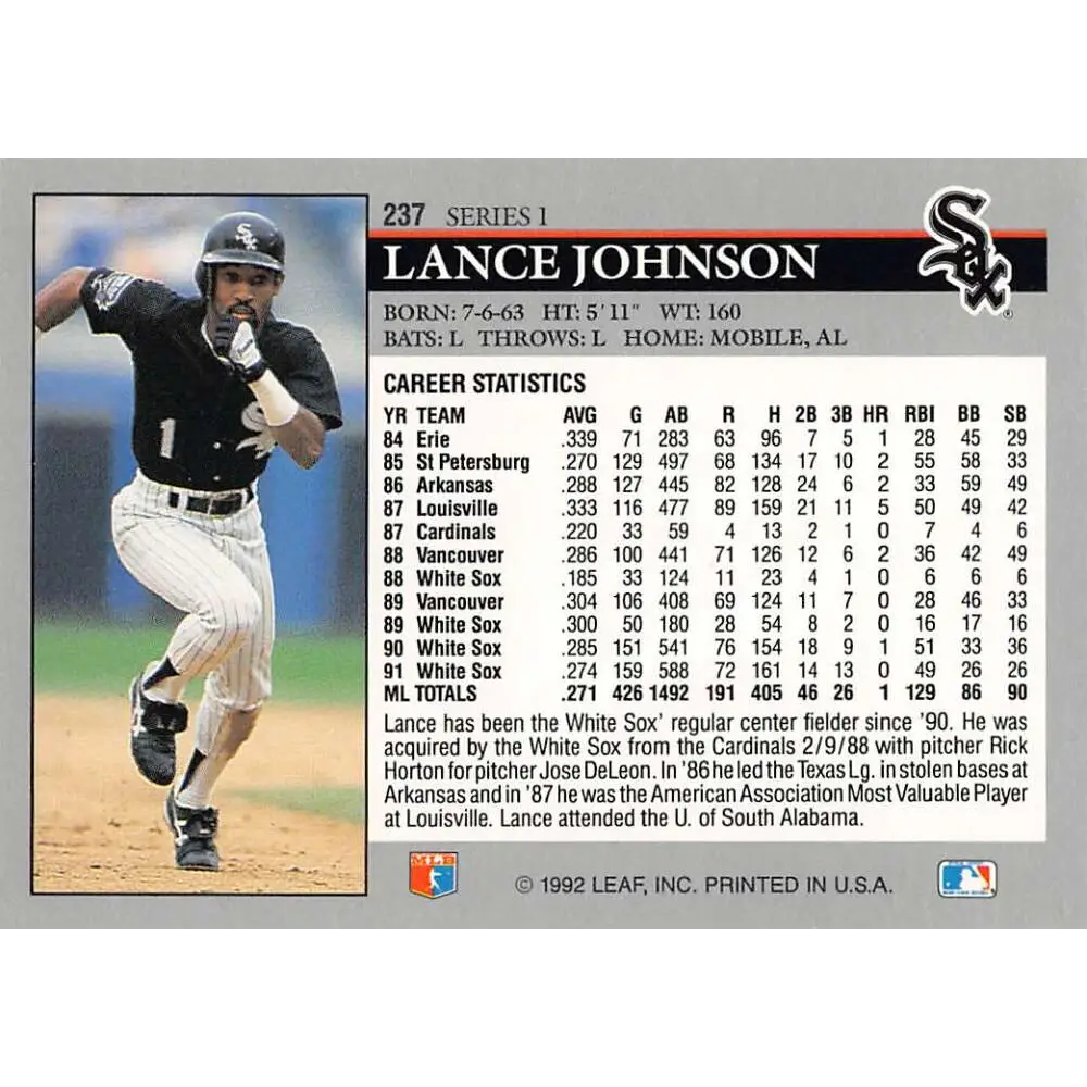 1992 Leaf #237 Lance Johnson NM-MT Chicago White Sox Baseball Card Image 2