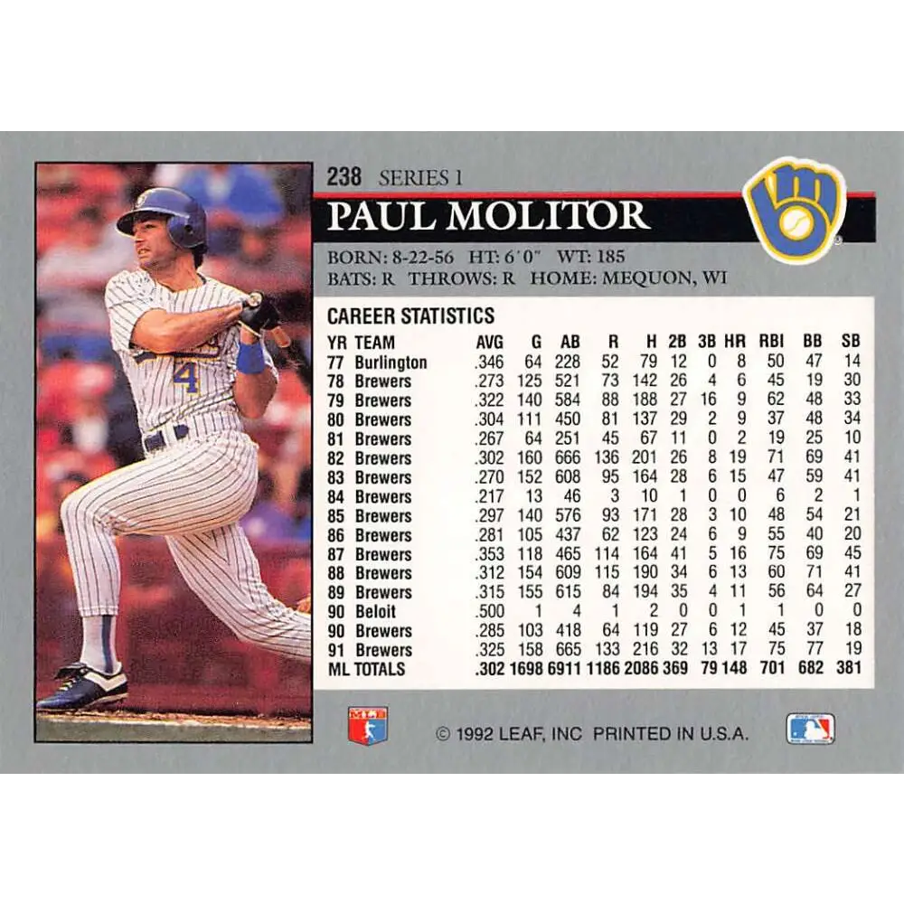1992 Leaf #238 Paul Molitor NM-MT Milwaukee Brewers Baseball Card Image 2
