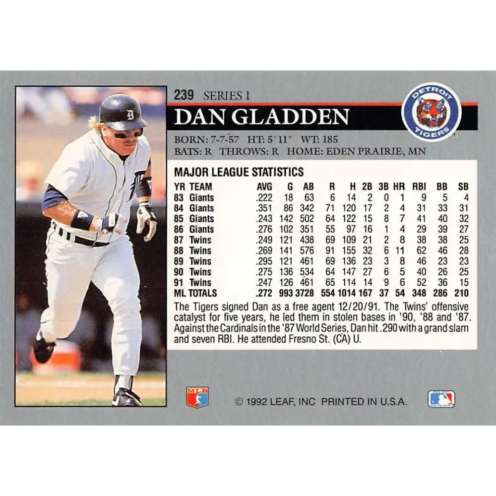 1992 Leaf #239 Dan Gladden NM-MT Detroit Tigers Baseball Card Image 2