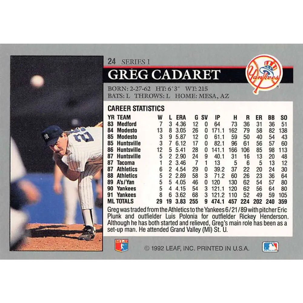 1992 Leaf #24 Greg Cadaret NM-MT New York Yankees Baseball Card Image 2