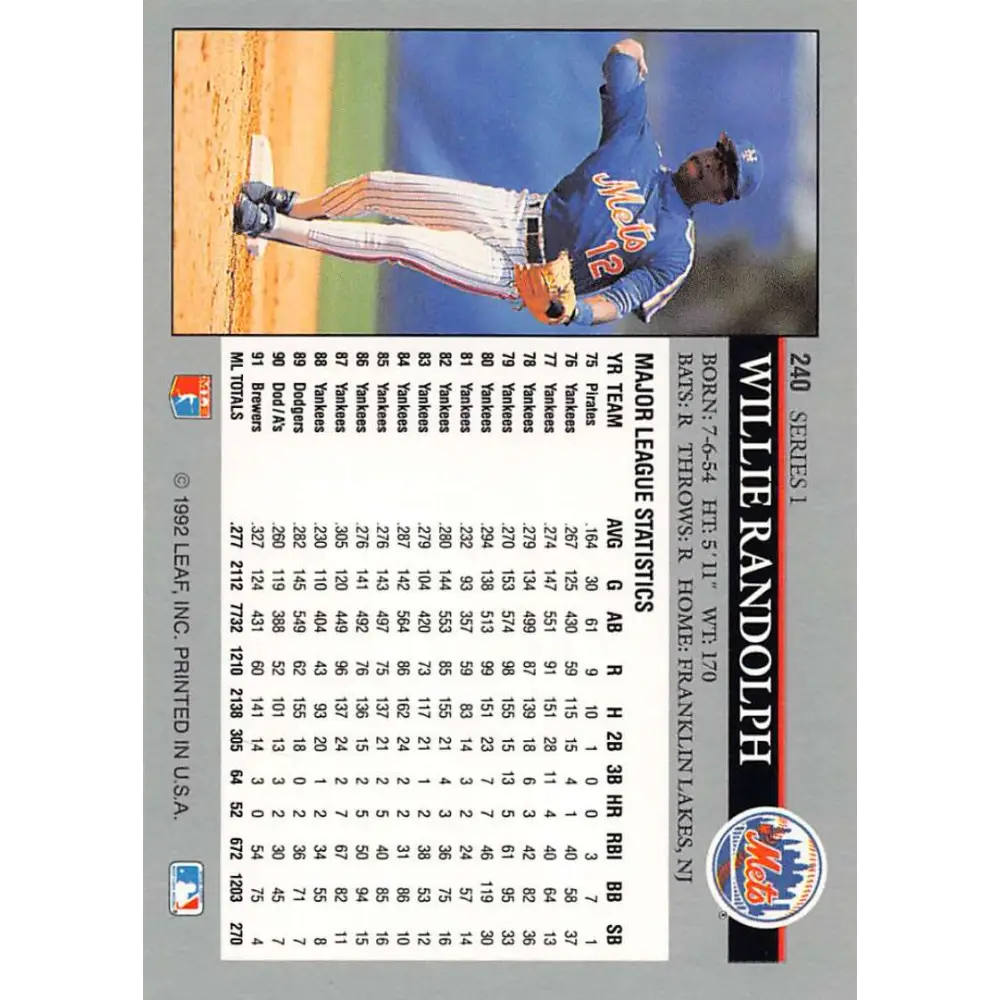 1992 Leaf #240 Willie Randolph NM-MT New York Mets Baseball Card Image 2