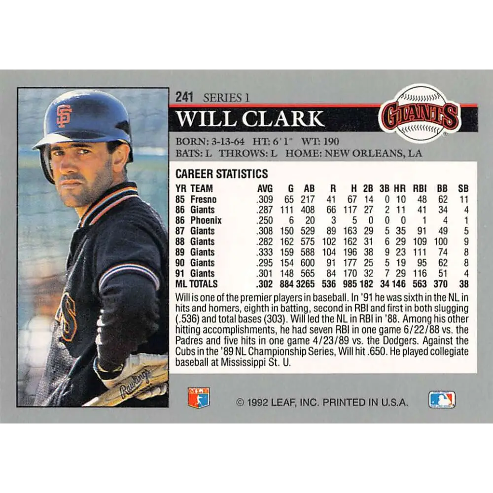 1992 Leaf #241 Will Clark NM-MT San Francisco Giants Baseball Card Image 2