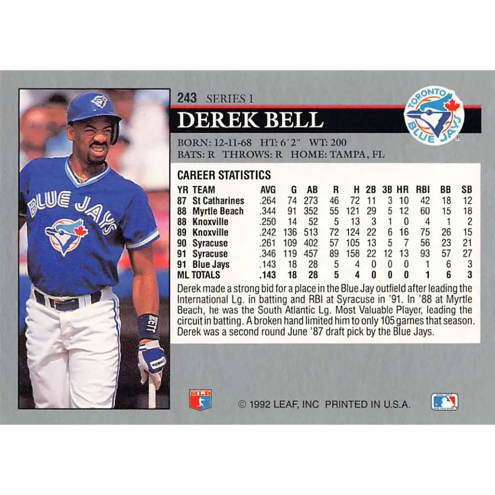 1992 Leaf #243 Derek Bell NM-MT Toronto Blue Jays Baseball Card Image 2