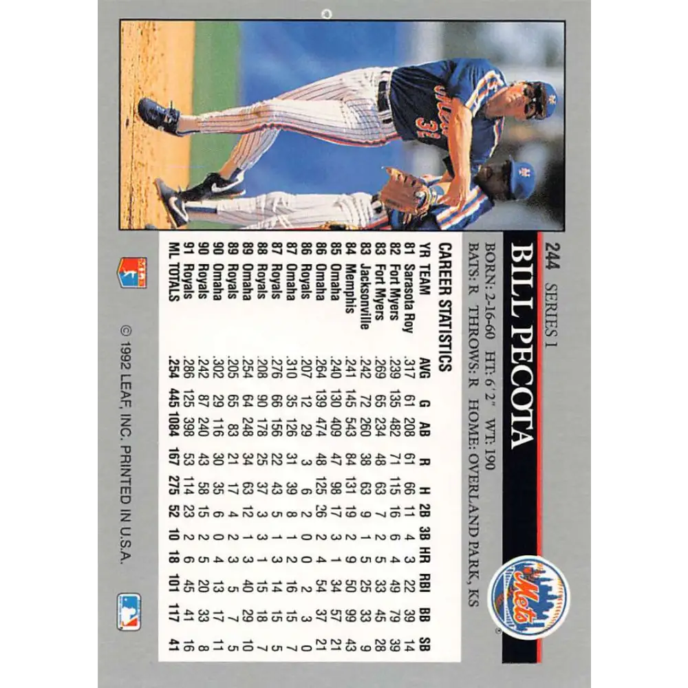 1992 Leaf #244 Bill Pecota NM-MT New York Mets Baseball Card Image 2
