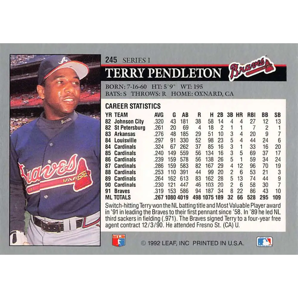 1992 Leaf #245 Terry Pendleton NM-MT Atlanta Braves Baseball Card Image 2