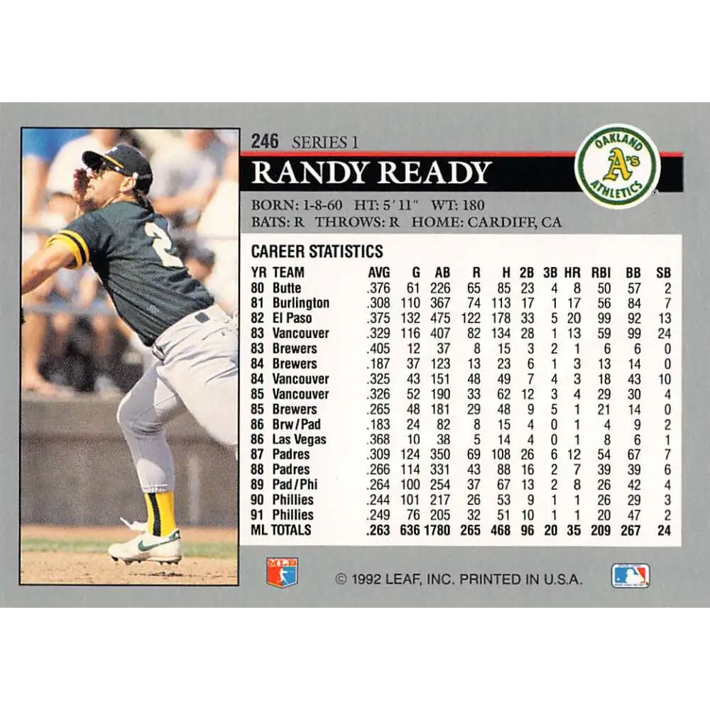 1992 Leaf #246 Randy Ready NM-MT Oakland Athletics Baseball Card Image 2