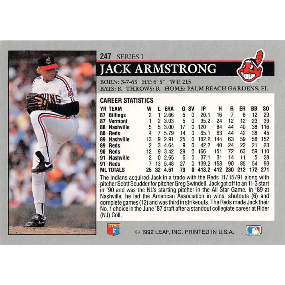 1992 Leaf #247 Jack Armstrong NM-MT Cleveland Indians Baseball Card Image 2