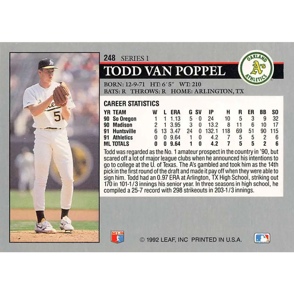 1992 Leaf #248 Todd Van Poppel NM-MT Oakland Athletics Baseball Card Image 2