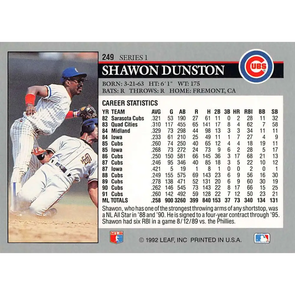 1992 Leaf #249 Shawon Dunston NM-MT Chicago Cubs Baseball Card Image 2