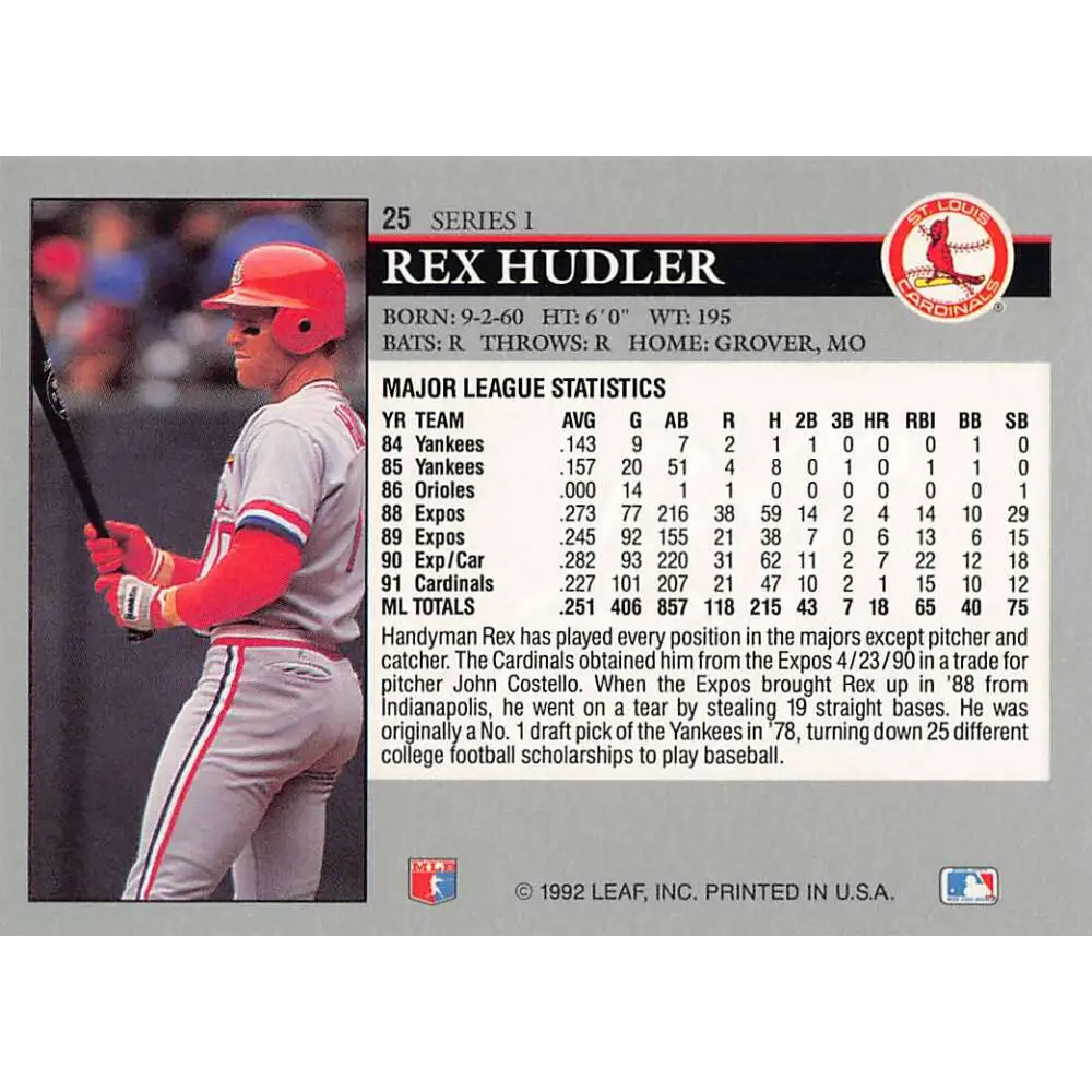 1992 Leaf #25 Rex Hudler NM-MT St. Louis Cardinals Baseball Card Image 2