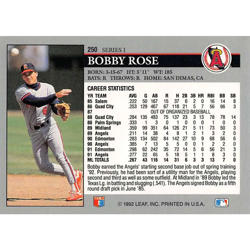 1992 Leaf #250 Bobby Rose NM-MT California Angels Baseball Card Image 2