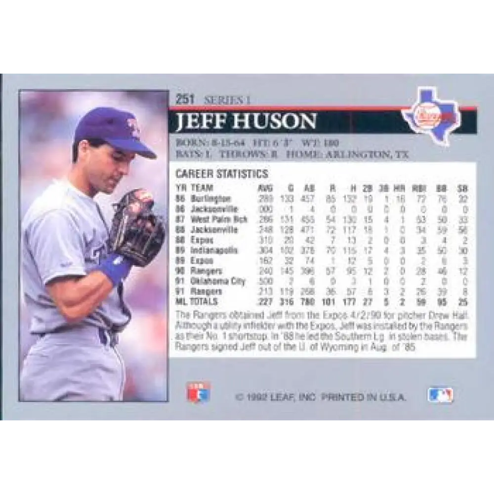 1992 Leaf #251 Jeff Huson NM-MT Texas Rangers Baseball Card Image 2