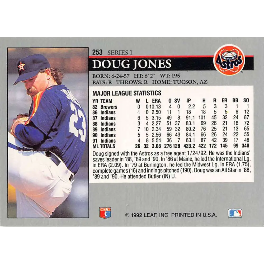 1992 Leaf #253 Doug Jones NM-MT Houston Astros Baseball Card Image 2