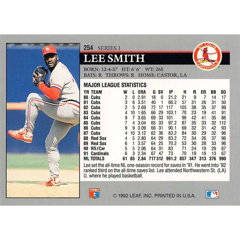 1992 Leaf #254 Lee Smith NM-MT St. Louis Cardinals Baseball Card Image 2