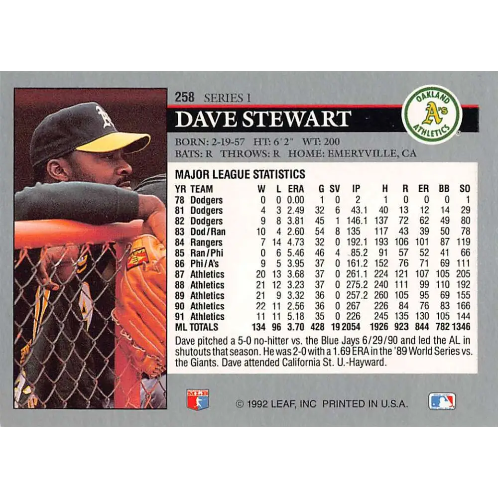 1992 Leaf #258 Dave Stewart NM-MT Oakland Athletics Baseball Card Image 2