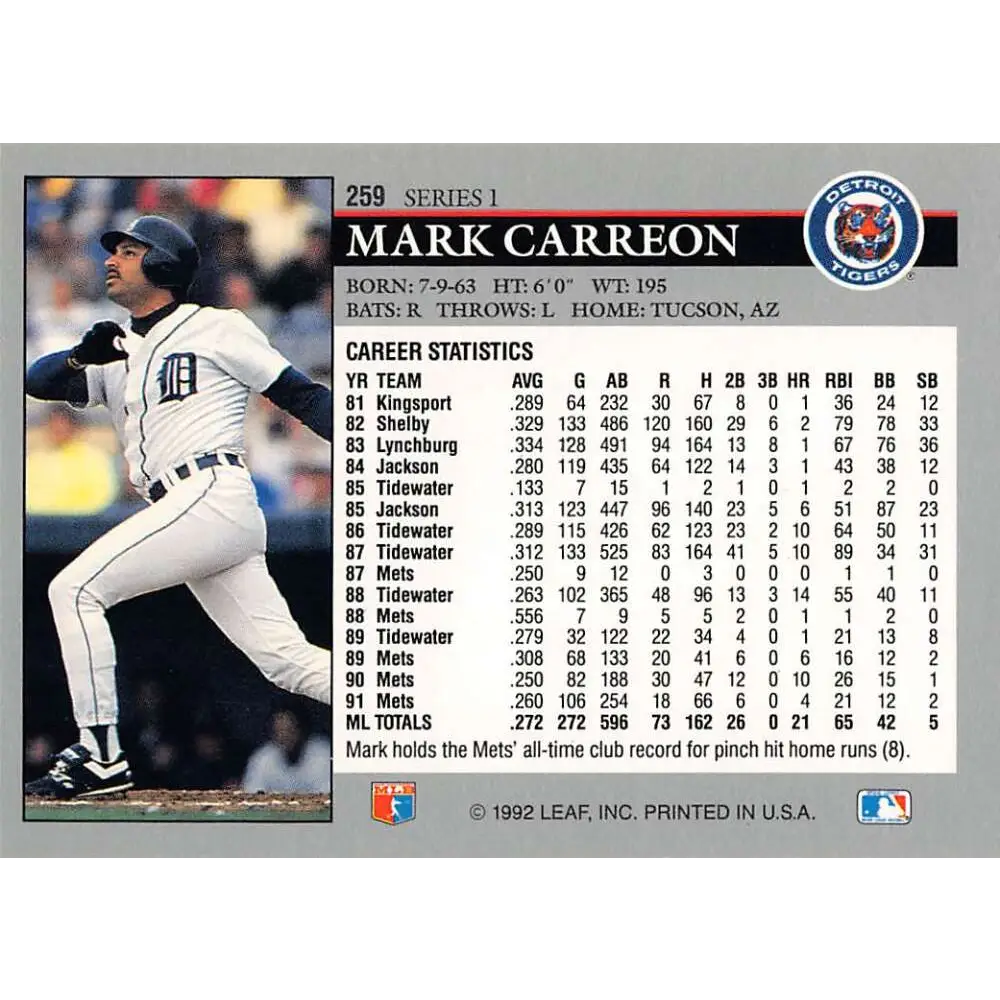 1992 Leaf #259 Mark Carreon NM-MT Detroit Tigers Baseball Card Image 2