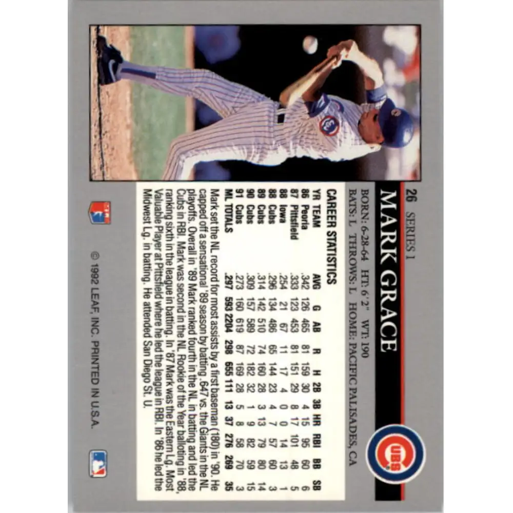 1992 Leaf #26 Mark Grace NM-MT Chicago Cubs Baseball Card Image 2