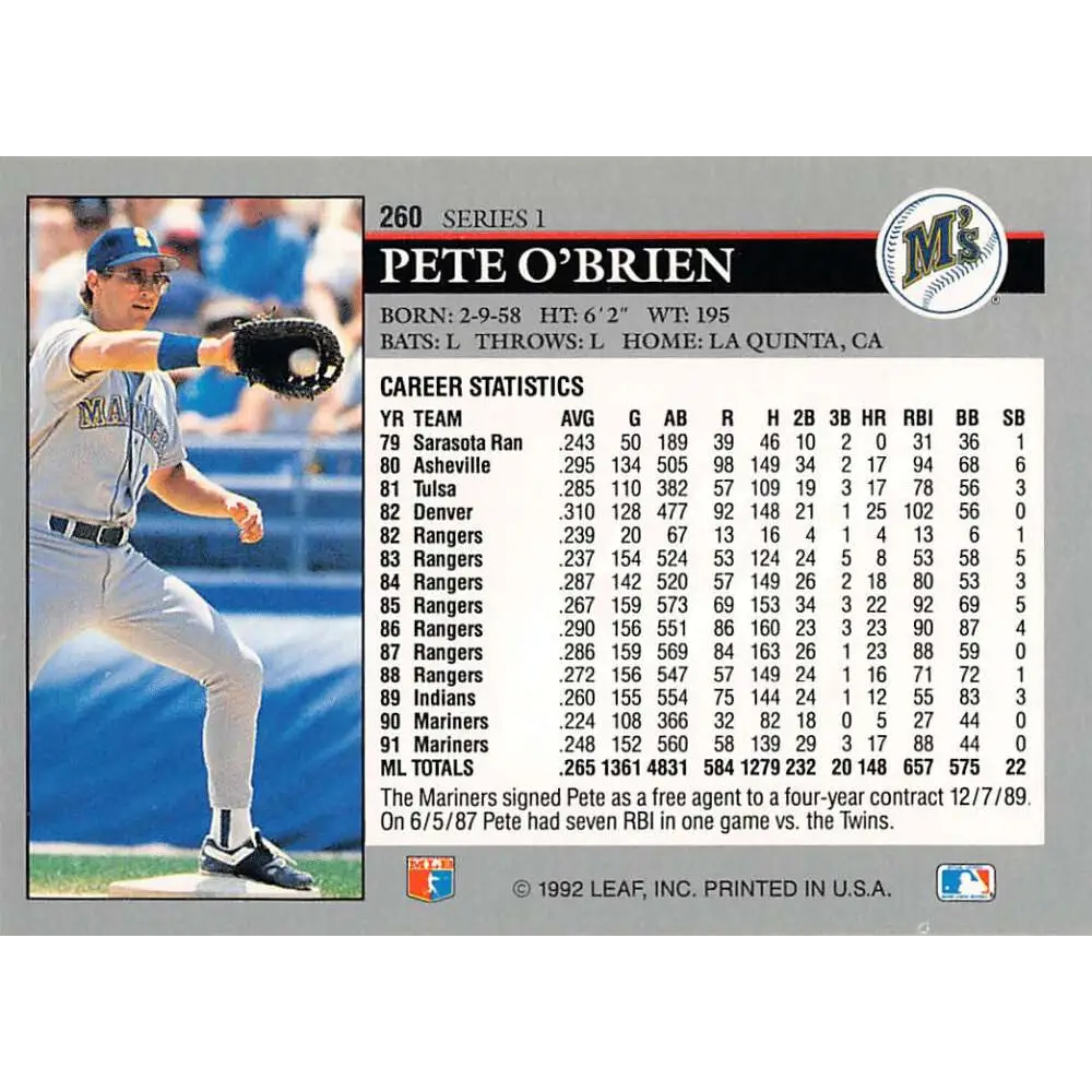 1992 Leaf #260 Pete O'Brien NM-MT Seattle Mariners Baseball Card Image 2