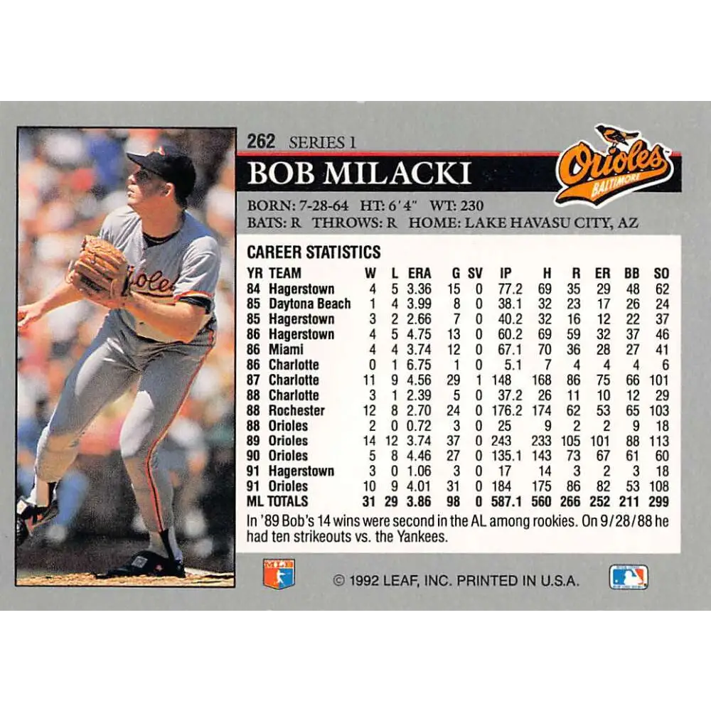 1992 Leaf #262 Bob Milacki NM-MT Baltimore Orioles Baseball Card Image 2