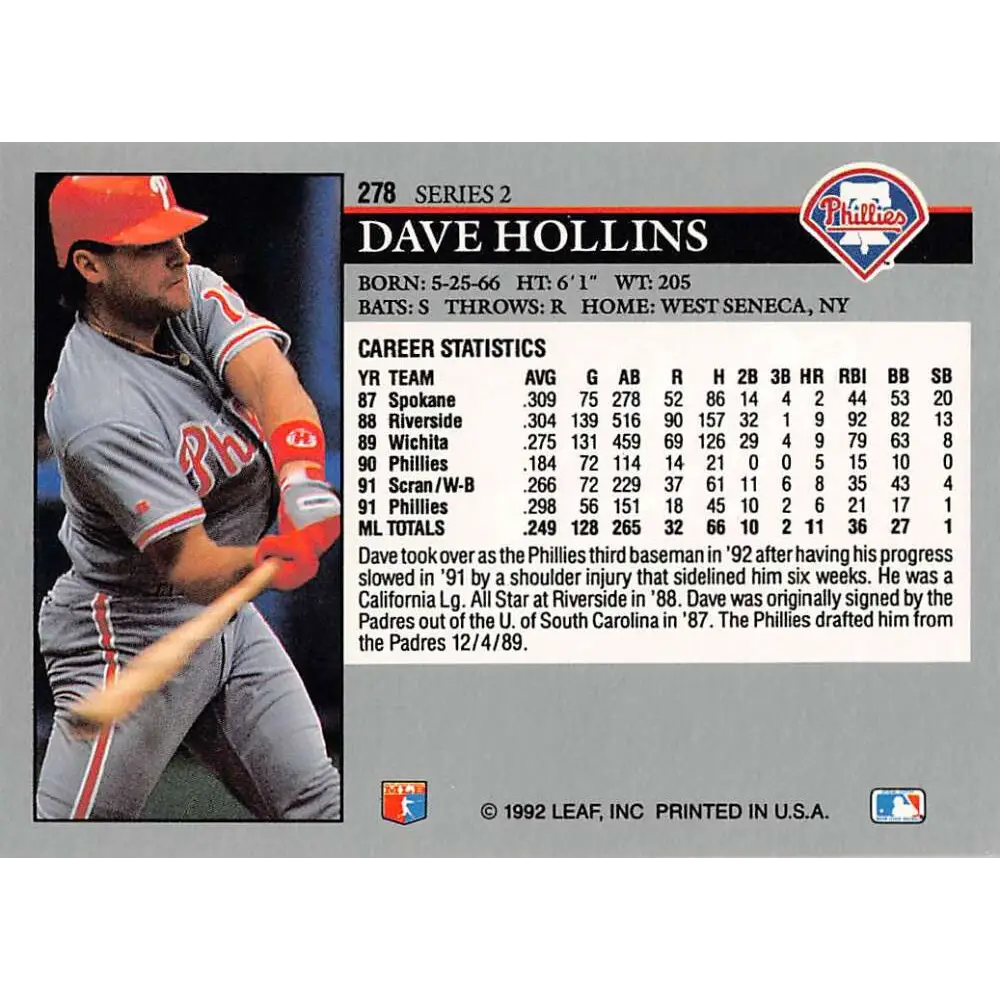1992 Leaf #278 Dave Hollins NM-MT Philadelphia Phillies Baseball Card Image 2