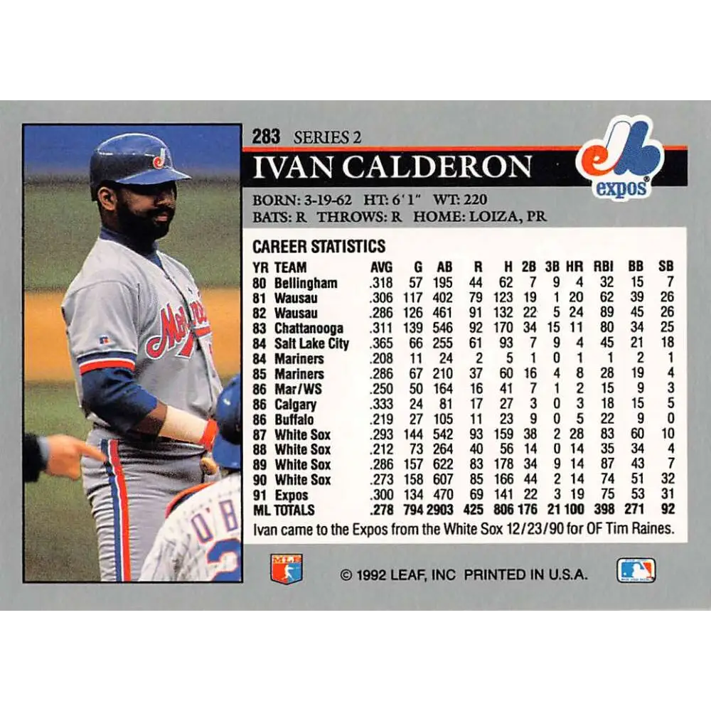 1992 Leaf #283 Ivan Calderon NM-MT Montreal Expos Baseball Card Image 2