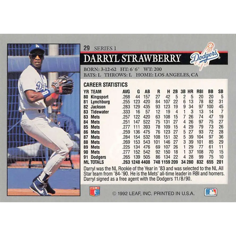 1992 Leaf #29 Darryl Strawberry NM-MT Los Angeles Dodgers Baseball Card Image 2