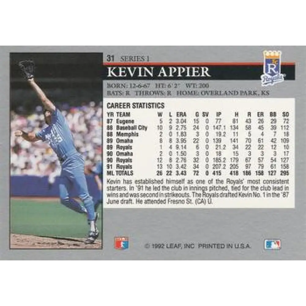 1992 Leaf #31 Kevin Appier NM-MT Kansas City Royals Baseball Card Image 2