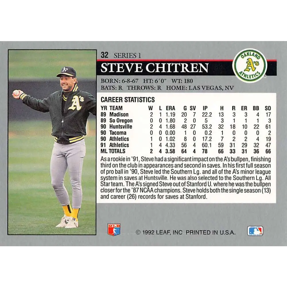 1992 Leaf #32 Steve Chitren NM-MT Oakland Athletics Baseball Card Image 2
