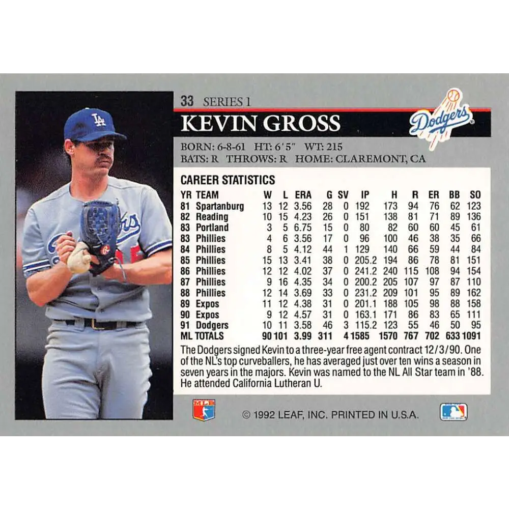1992 Leaf #33 Kevin Gross NM-MT Los Angeles Dodgers Baseball Card Image 2