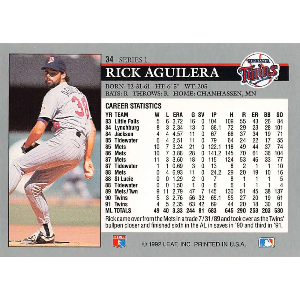 1992 Leaf #34 Rick Aguilera NM-MT Minnesota Twins Baseball Card Image 2