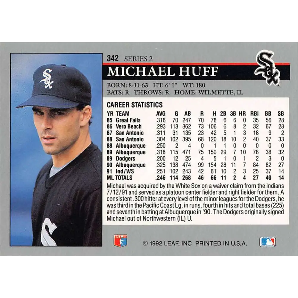 1992 Leaf #342 Mike Huff NM-MT Chicago White Sox Baseball Card Image 2