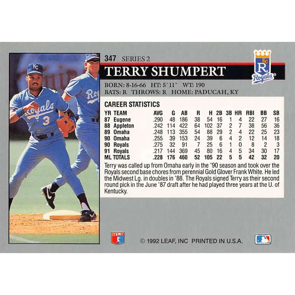 1992 Leaf #347 Terry Shumpert NM-MT Kansas City Royals Baseball Card Image 2