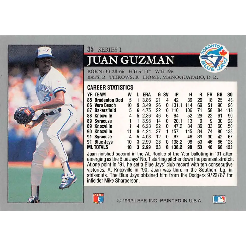 1992 Leaf #35 Juan Guzman NM-MT Toronto Blue Jays Baseball Card Image 2
