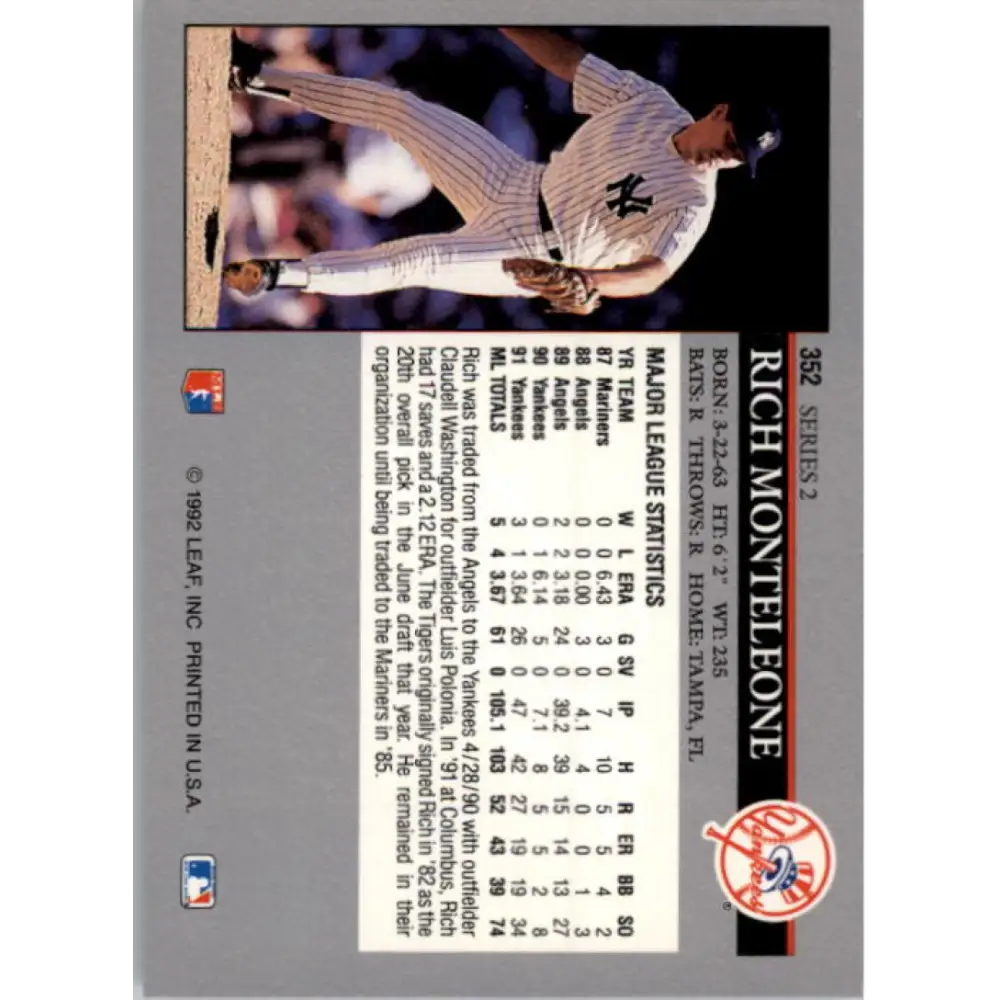 1992 Leaf #352 Rich Monteleone NM-MT New York Yankees Baseball Card Image 2