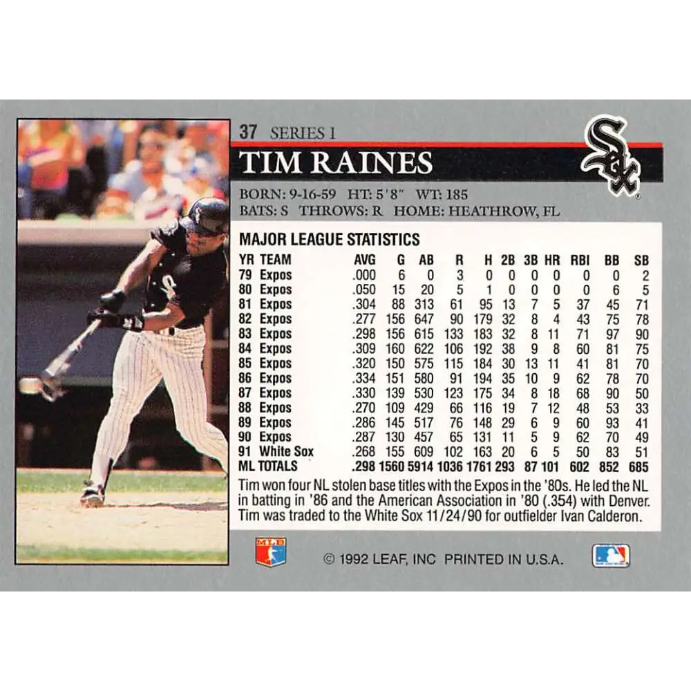 1992 Leaf #37 Tim Raines NM-MT Chicago White Sox Baseball Card Image 2