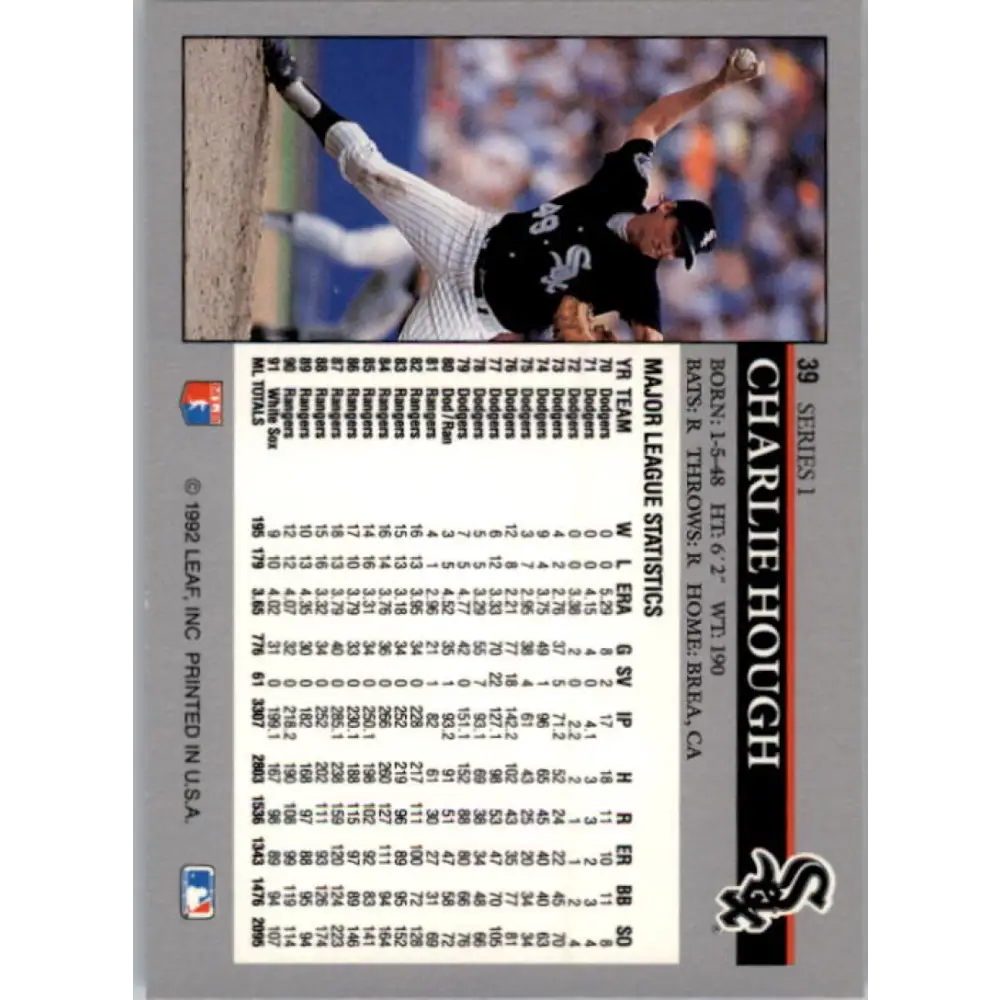 1992 Leaf #39 Charlie Hough NM-MT Chicago White Sox Baseball Card Image 2