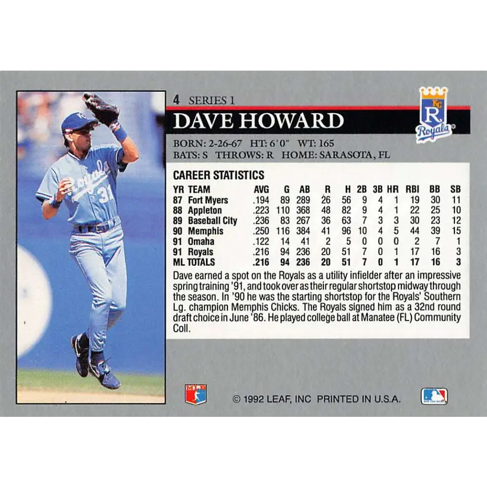1992 Leaf #4 David Howard NM-MT Kansas City Royals Baseball Card Image 2