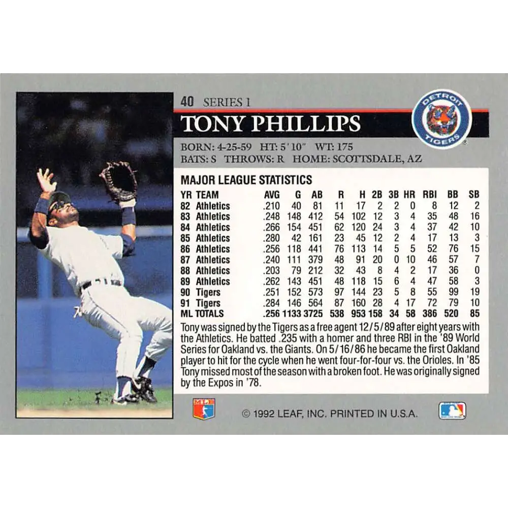 1992 Leaf #40 Tony Phillips NM-MT Detroit Tigers Baseball Card Image 2