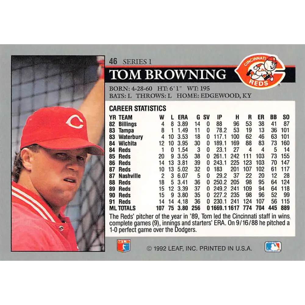 1992 Leaf #46 Tom Browning NM-MT Cincinnati Reds Baseball Card Image 2