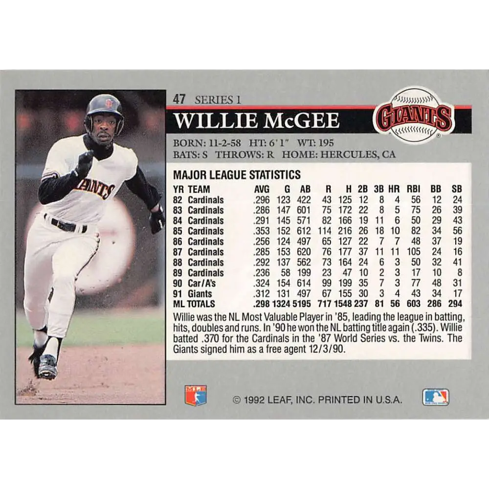 1992 Leaf #47 Willie McGee NM-MT San Francisco Giants Baseball Card Image 2