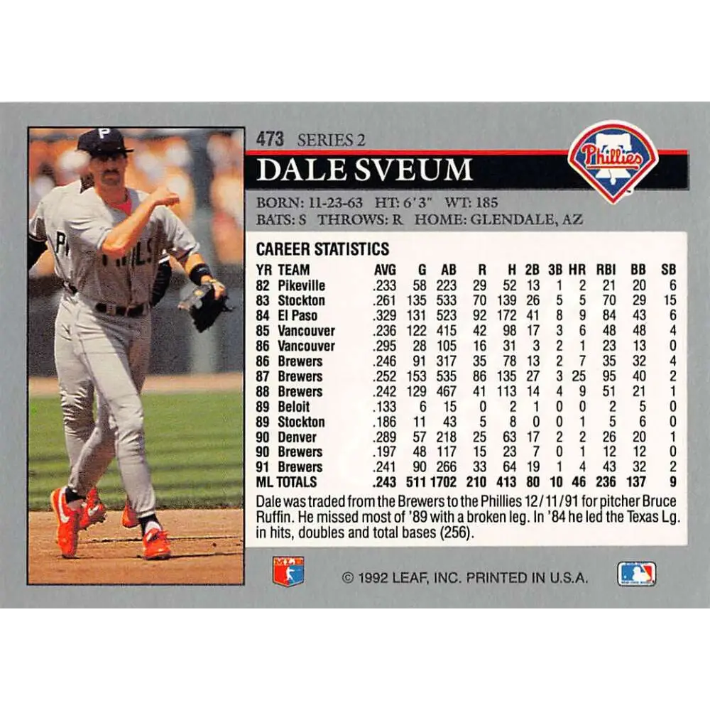 1992 Leaf #473 Dale Sveum NM-MT Philadelphia Phillies Baseball Card Image 2