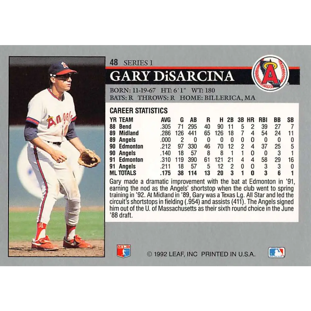 1992 Leaf #48 Gary DiSarcina NM-MT California Angels Baseball Card Image 2