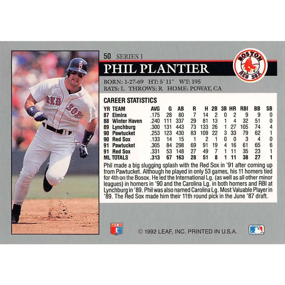 1992 Leaf #50 Phil Plantier NM-MT Boston Red Sox Baseball Card Image 2