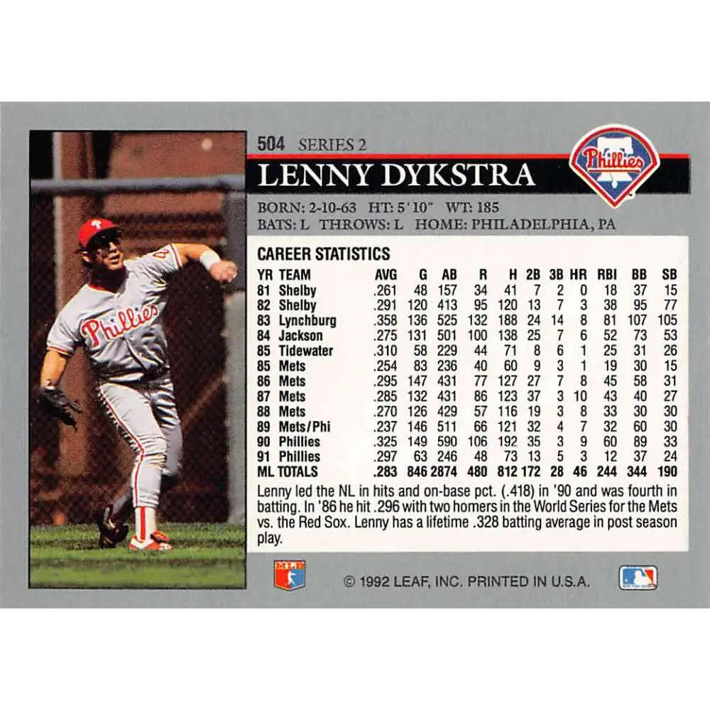 1992 Leaf #504 Lenny Dykstra NM-MT Philadelphia Phillies Baseball Card Image 2