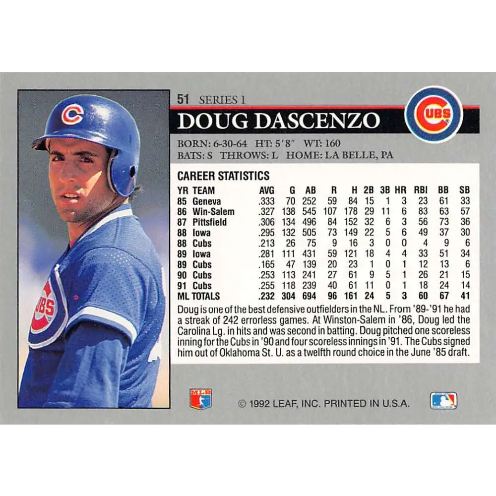 1992 Leaf #51 Doug Dascenzo NM-MT Chicago Cubs Baseball Card Image 2