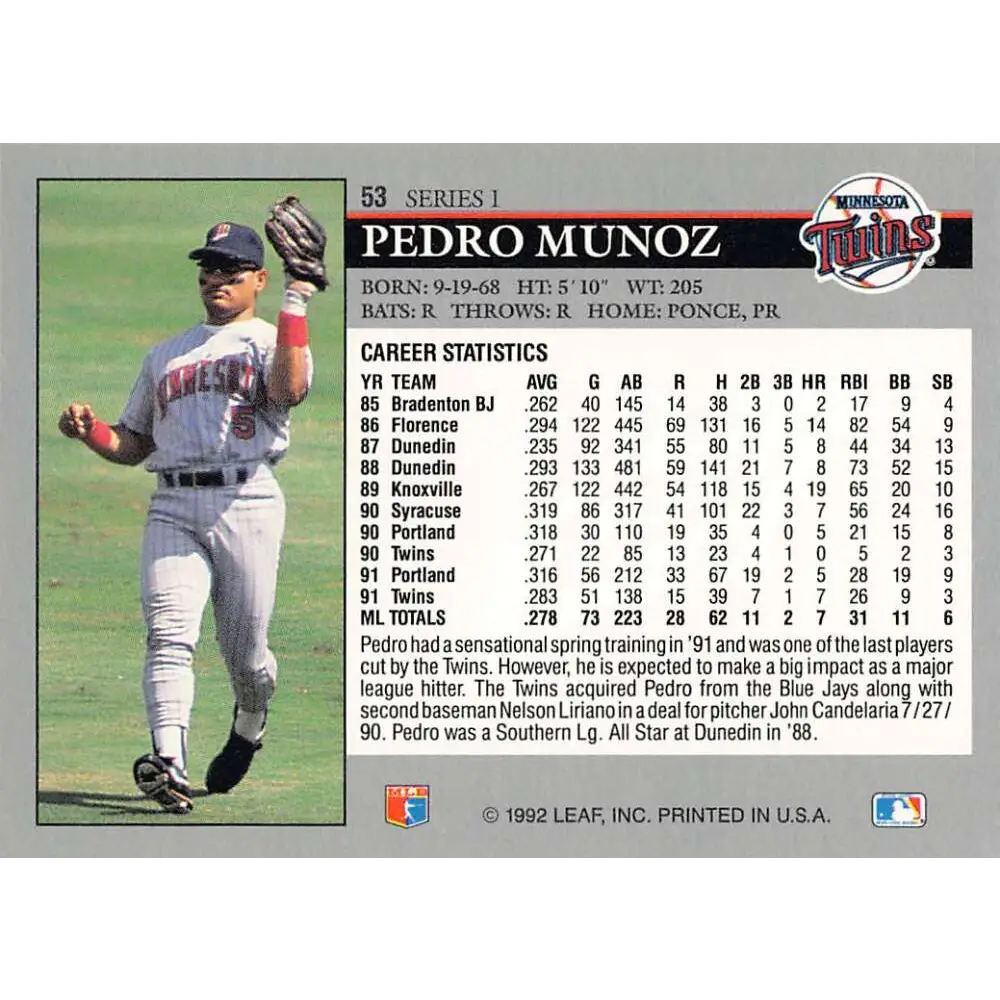 1992 Leaf #53 Pedro Munoz NM-MT Minnesota Twins Baseball Card Image 2