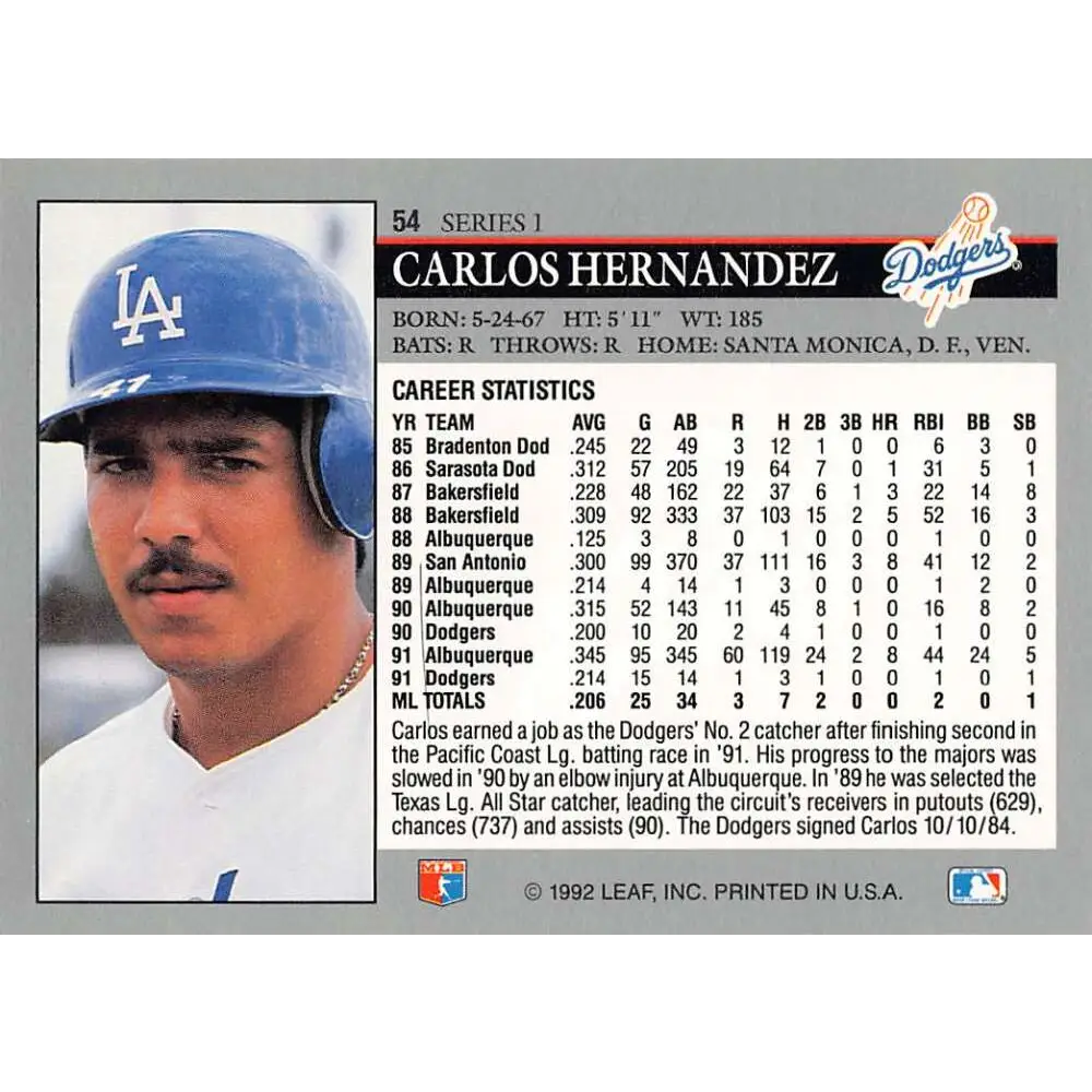 1992 Leaf #54 Carlos Hernandez NM-MT Los Angeles Dodgers Baseball Card Image 2