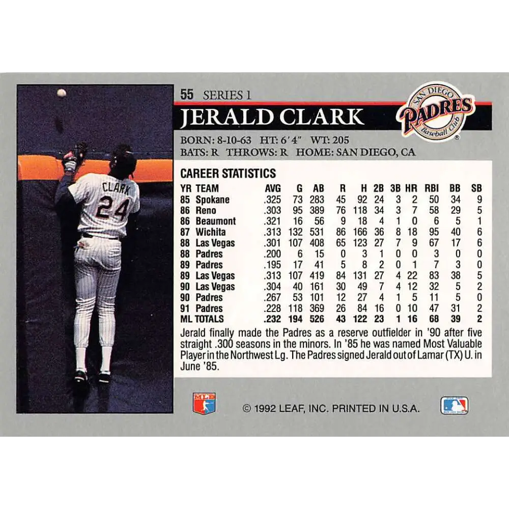 1992 Leaf #55 Jerald Clark NM-MT San Diego Padres Baseball Card Image 2